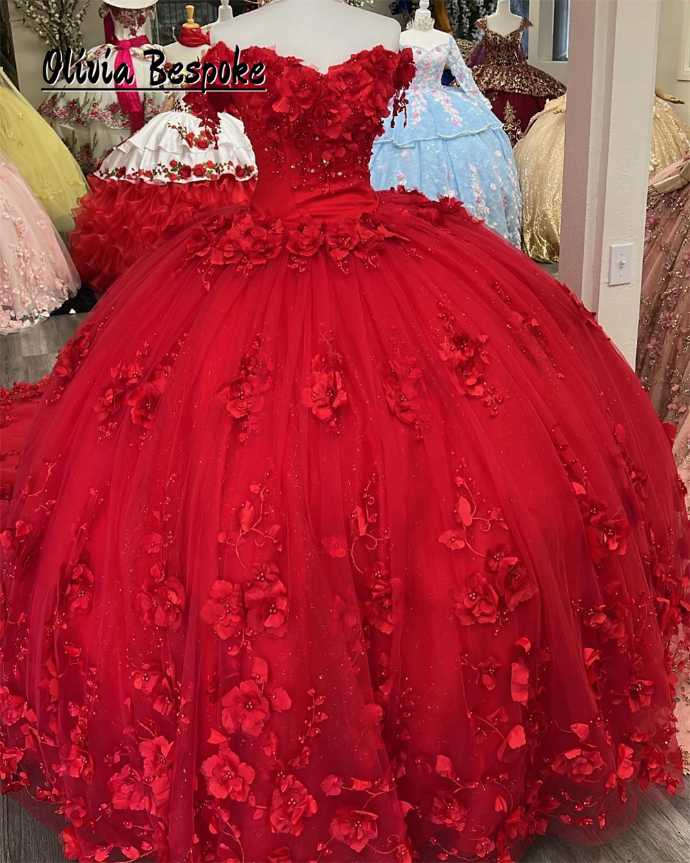 

Elegant Red Off The Shoulder Quinceanera Dresses 2025 Ball Gown Beaded 3D Flowers Appliques vestido para xv años Customized