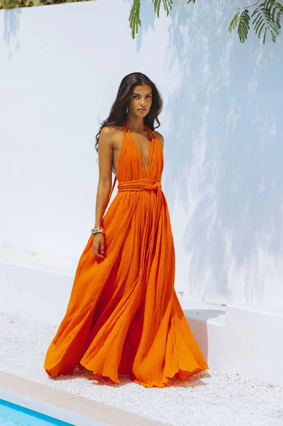 

Solid Color Halter Neck Long Dresses Women Sexy Deep V-neck Backless Leace-up Casual Vacation Style Dress Hot Girl Vestidos New