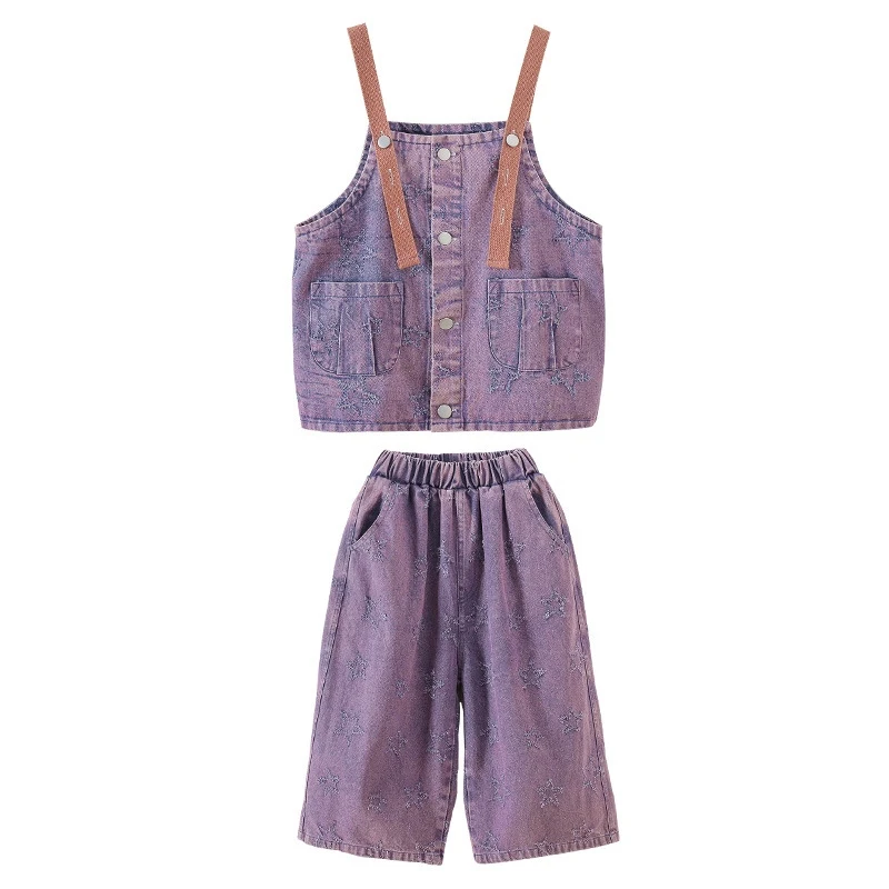 Kinderen Street Dance Hiphop Prestaties Kostuums Voor Meisjes Paars Bretels Denim Pak Jongens Jazzdans Kleding DQS20138