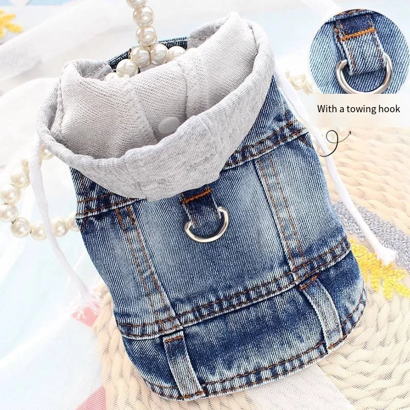 Small Dog Clothing Gray Knitted Hooded Sweater Dog Spring Outfit Blue/Black Denim Vest Soft Pet Denim Fabric Sleeveless Shirt