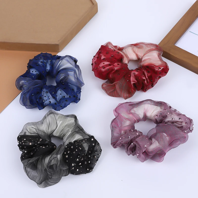 Elegant Organza Intestine Hair Ring Hot Diamonds Yarn Hairwear Women High Grade Styles Hair Ropes Luxury Headflower H908