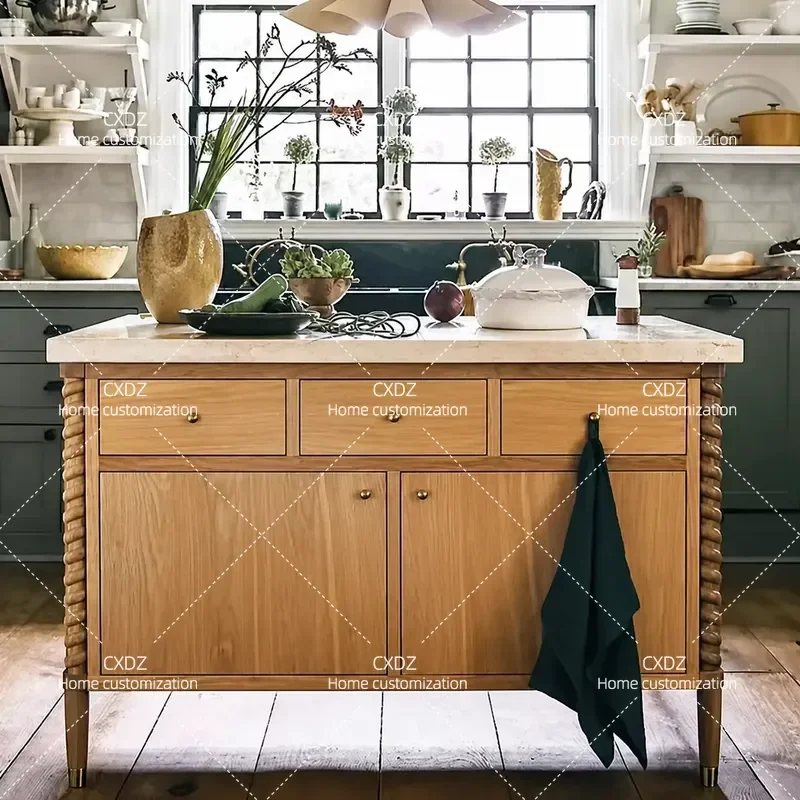 Solid Wood Dining Side Cabinet Modern Simple Ash Wood Island Platform Open Marble Storage Cabinet for Kitchen Living Room