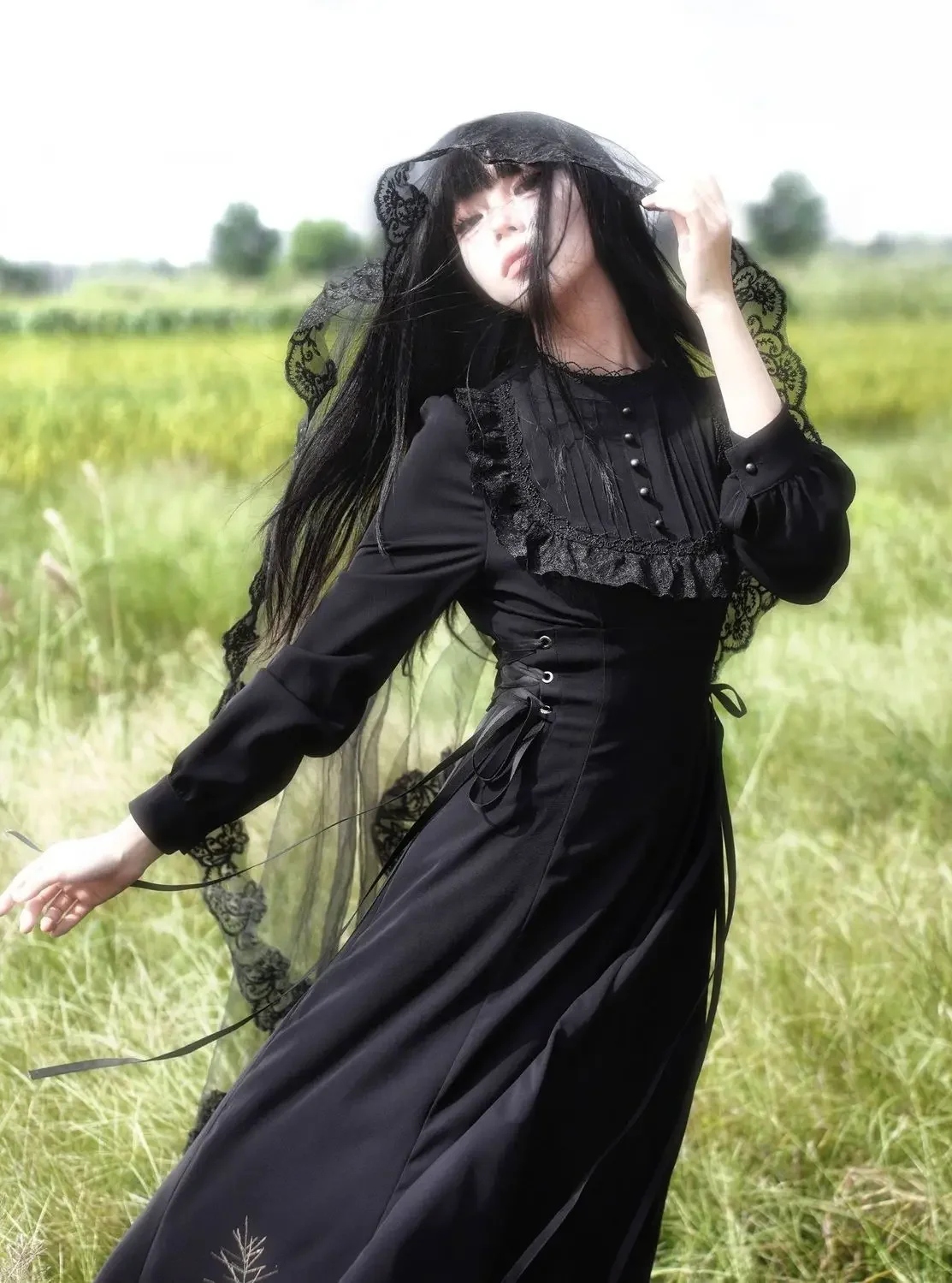 

Design Fall and Winter Long-sleeved New Waist Lace Thin Temperament Long Dress Coalfell French Gentle Heavy Engineering Dress