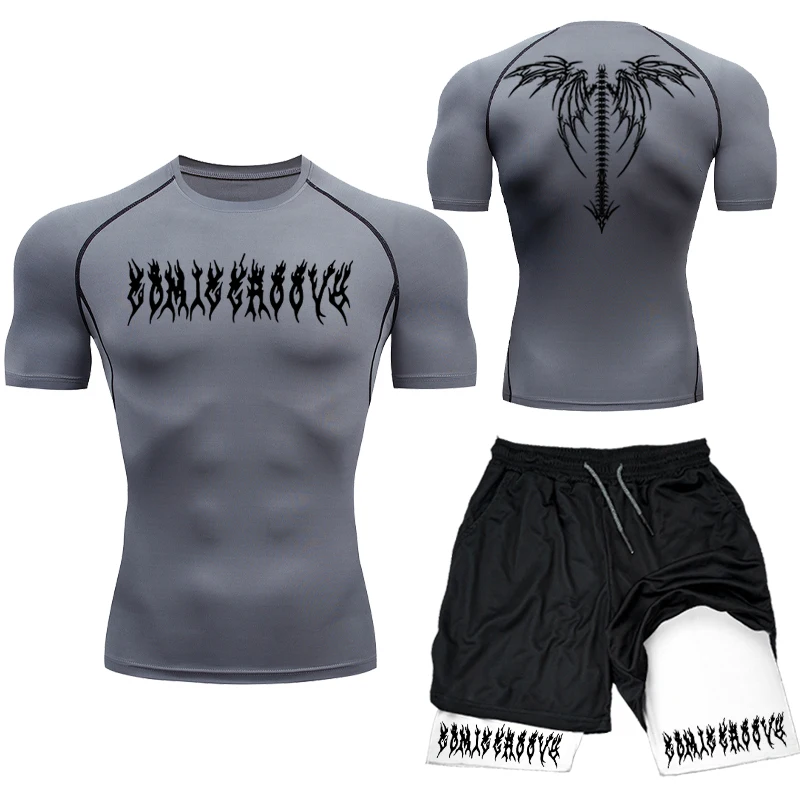 Mode Outdoor Cycling Compressie Shirt Sportkleding Sneldrogende Gym Training Ademend Heren T-Shirt Casual Korte Mouwen Set