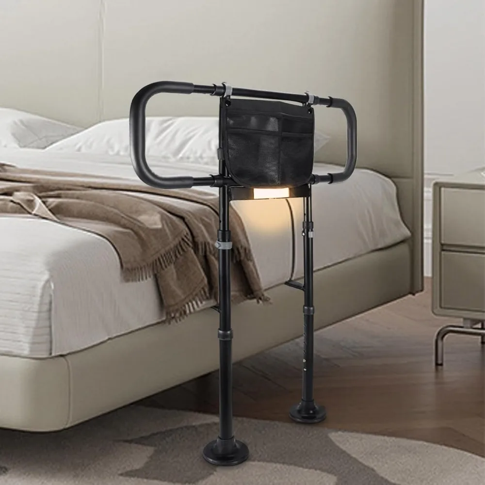 Bed Rails for Elderly Adults Safety: Adjustable Heights Bed Cane with Storage Pocket, Non-Slip Handle, Motion Sensor Light