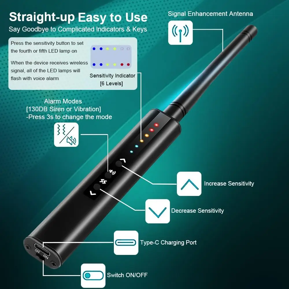 Imagem -03 - Detector de Câmera Escondida Caneta Espião Proteção contra Insetos e Privacidade Níveis de Sensibilidade Portátil Casa e Escritório