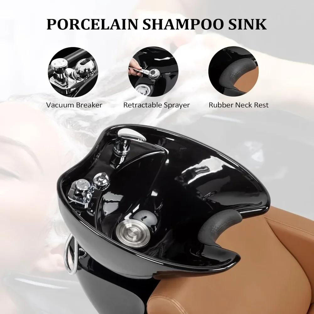 Salon Shampoo Bowl and Chair, Shampoo Chair Extra Wide Seat & Porcelain Hair Washing Sink, Shampoo Unit for Beauty Spa