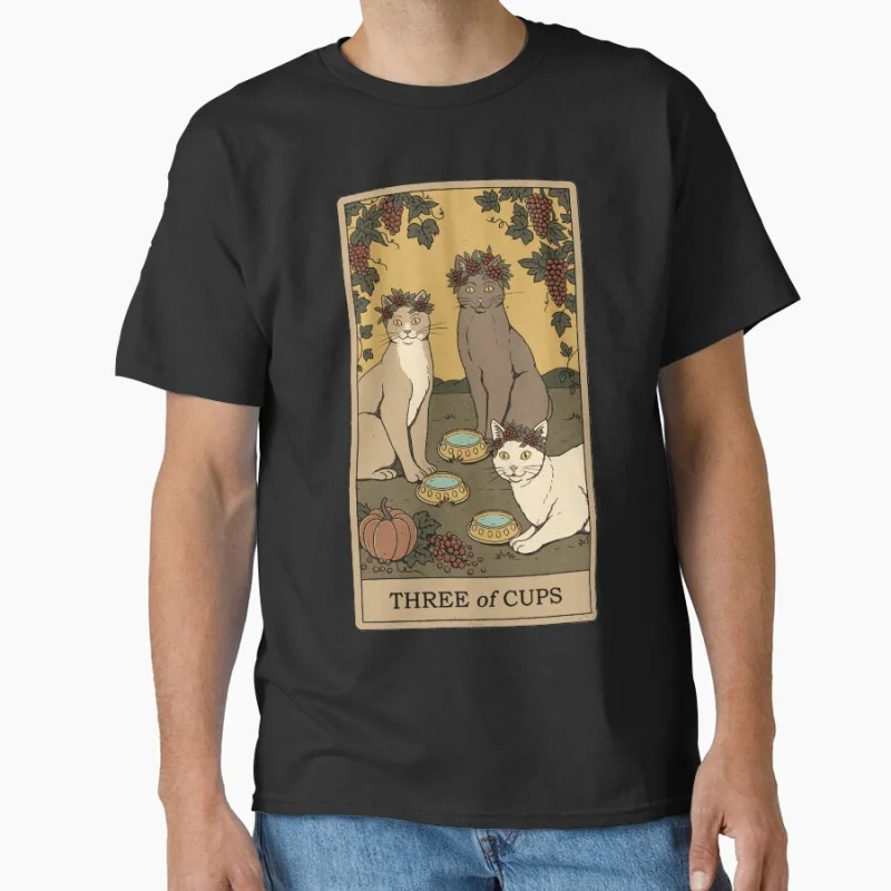 

Three of Cups Vinage Tarot Card Cat Funny magical cats cute pet Gift T shirt for men large size Adult Tops S-6XL mens clothing
