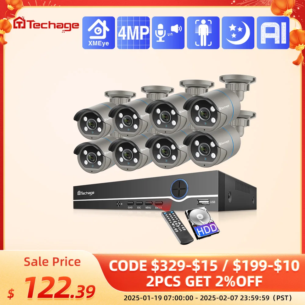 

Techage 8ch 4MP Poe CCTV system kit AI audio recording face recognition IP camera H.265 CCTV video NVR