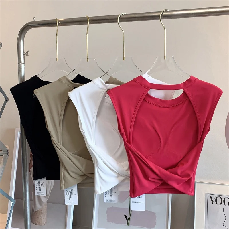 

Sexy Spicy Girl Pure Desire A-Line Waist-Cinching Sleeveless Yoga Vest Women Hollow out Beautiful Back Sports Underwear