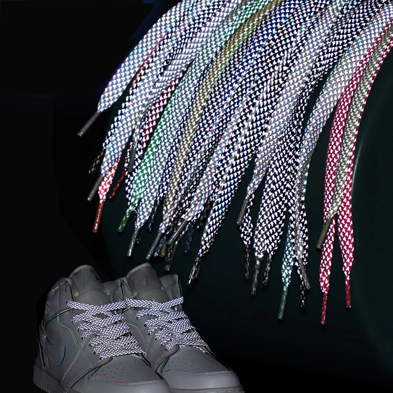 Reflective Flat Shoelaces Running Shoes Laces Adult Children Shoelace Fluorescent Sneaker Buckle Metal Shoestrings Sports 100CM