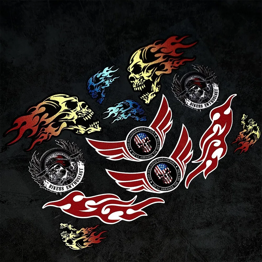 

1SET Motorcycle Skull Flame Waterproof Vinyl Sticker Set For Biker Helmet Car Decal