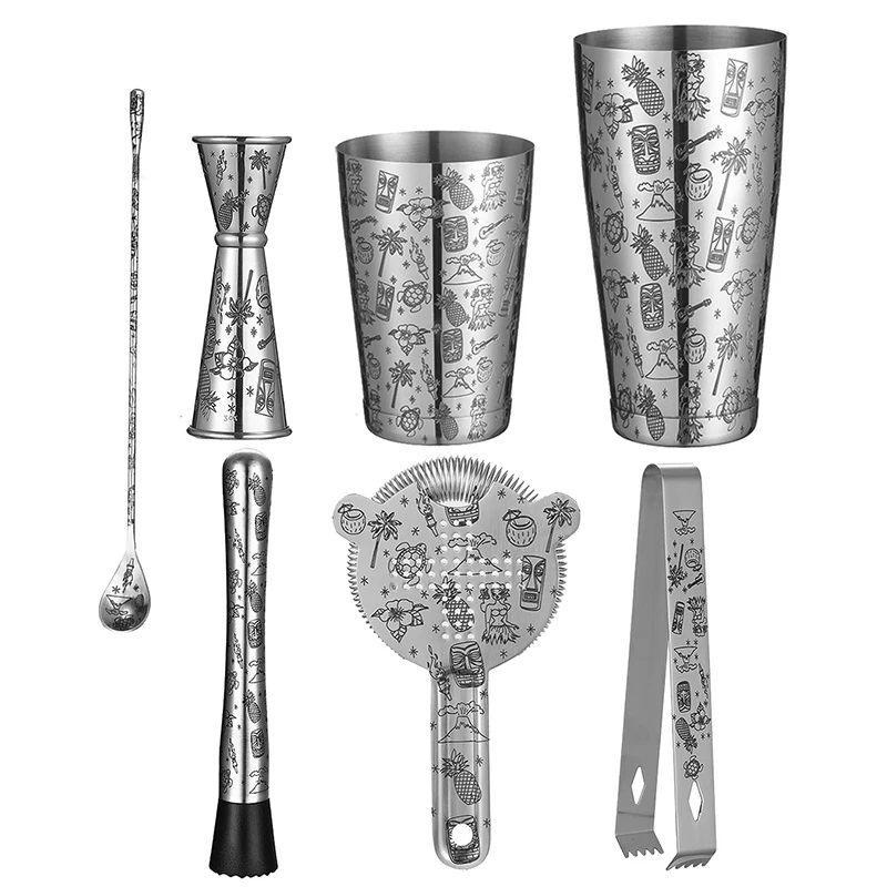 Cocktail/Hawaiian Tattoo Stainless Steel 7 Piece Cocktail Set Tin-on-Tin Shaker, Jigger, Spoon and Strainer