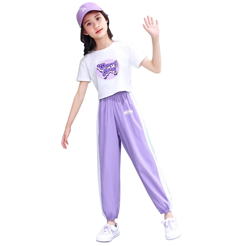 Adolescentes esporte carta impressão crop top e conjunto de leggings, treino infantil, camiseta listrada, terno de calça amarrada no tornozelo, roupas novas de verão, 2024