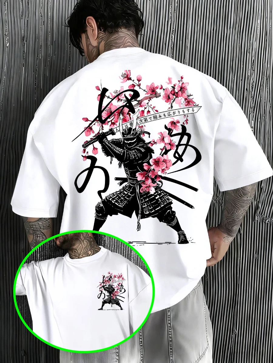 Men's Japanese Samurai Cherry Blossom Pattern T-shirt Summer Casual Street Style Short-Sleeve T-shirt Pure Cotton Loose Top
