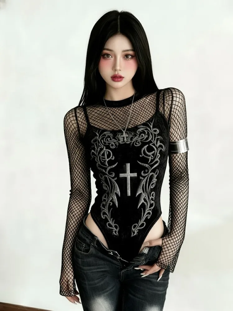

AltGoth Streetwear Dark Gothic Bodysuit Women Cyber Punk Y2k Harajuku Aesthetic Emo Alternative Grunge Printed Velvet Jumpsuit