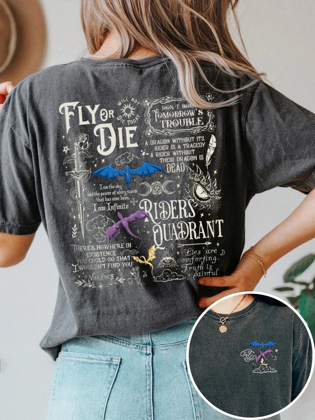 Basgiath War College Dragon Rider Retro Shirt 2 Side Patten Cotton Tee Fourth Wing Riders T-Shirt Fantasy Apparel Y2K Top