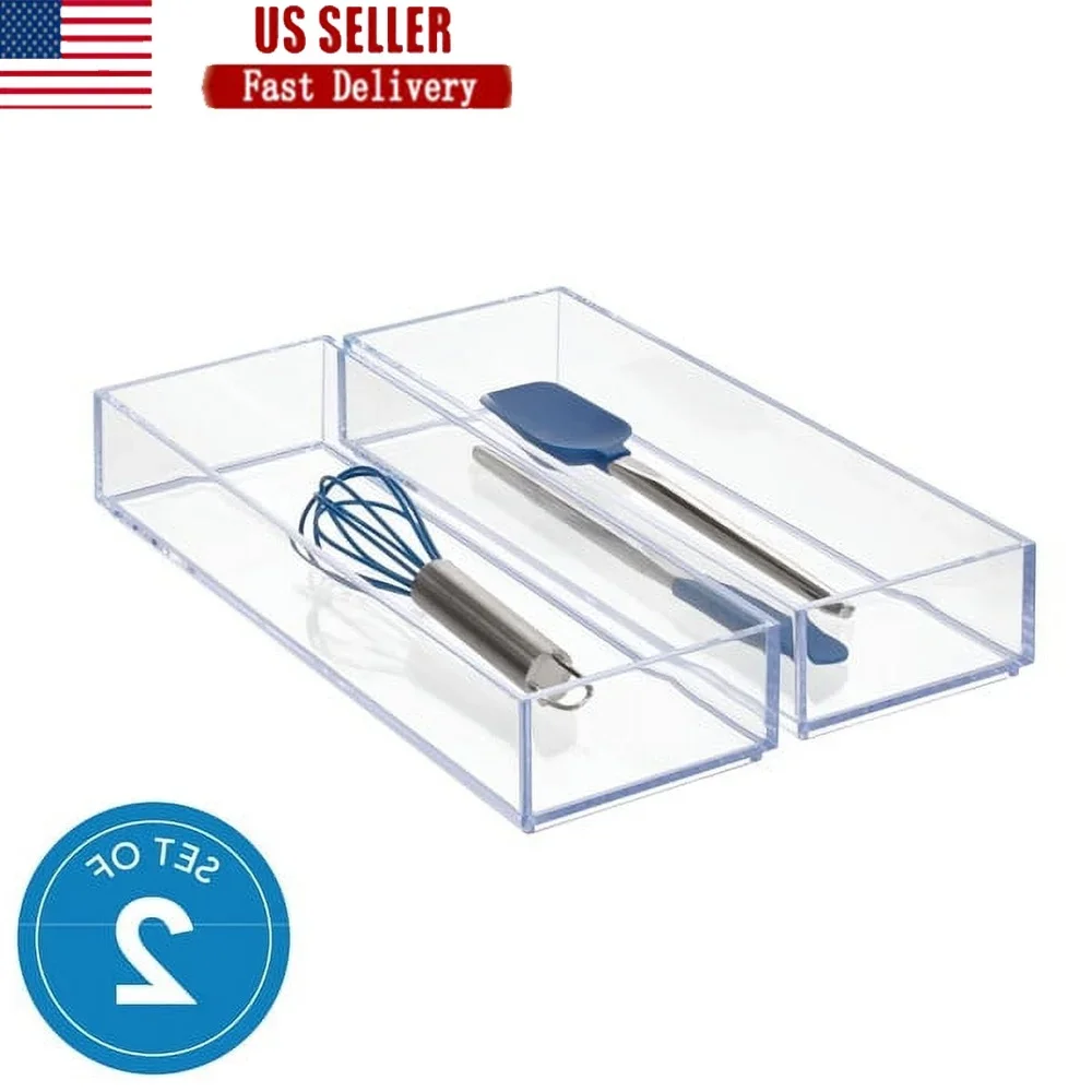

Clear Plastic Drawer Organizer Set Stackable Modular Storage Solution Silverware Kitchen Office Vanity 2-Piece Durable 4x12x2