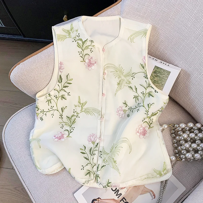 New Chinese Style V-neck Buttoned Satin Embroidered Hanfu Ethnicity Wind Jacket Open Cardigan Top Women's Fashion Clothing