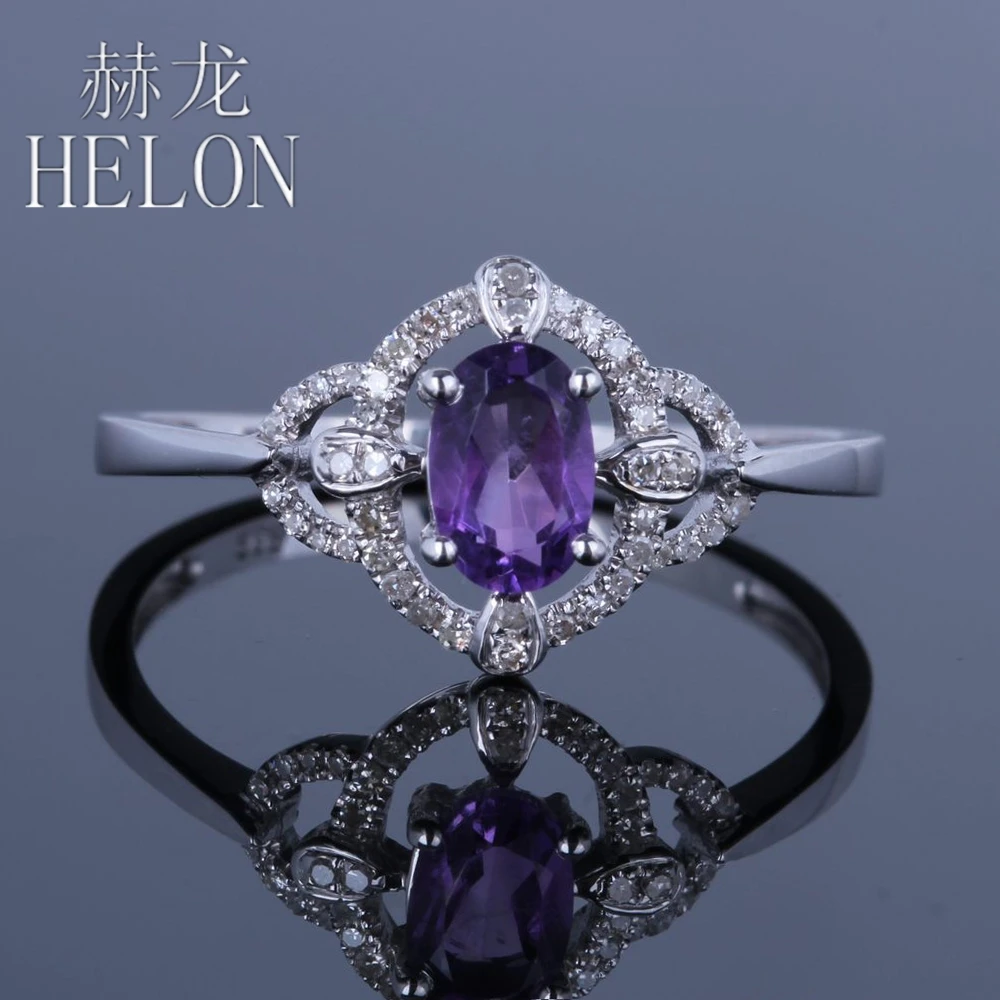 LaiZuan Solid 14K AU585 White Gold Oval 4x6mm Natural Amethyst Diamonds Engagement Ring Women Trendy Fine Jewelry Gift