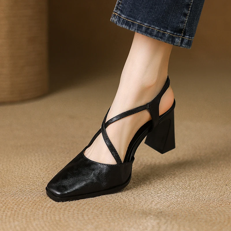 2026 New Size 34-39 Women Vintage Sandals Real Leather Retro Square Tor High Heels Summer Shoes Slingback T-Strap Office Daily