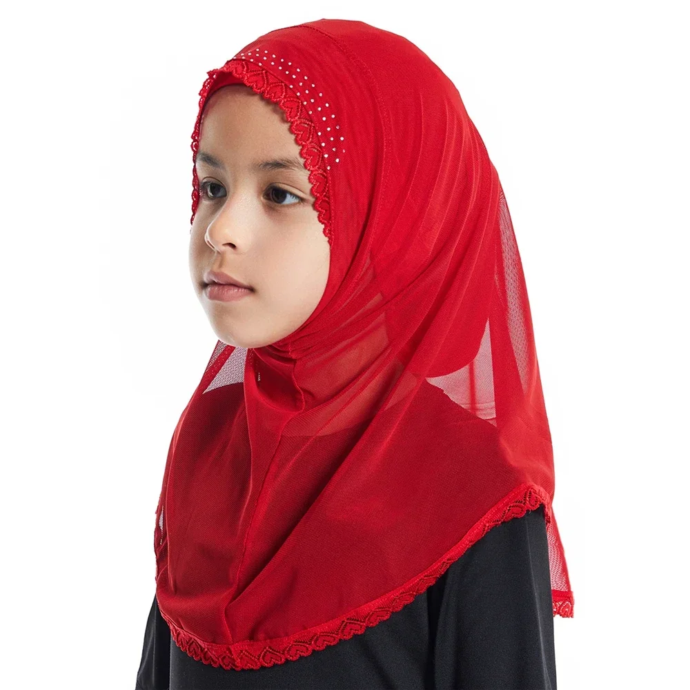 Kinderen Moslim Kant Strass Meisjes Hijab Tulband Caps Een Stuk Amira Islamic Onder Sjaal Sjaals Hoofddoek Wrap Hoeden Passen 2-6 Jaar