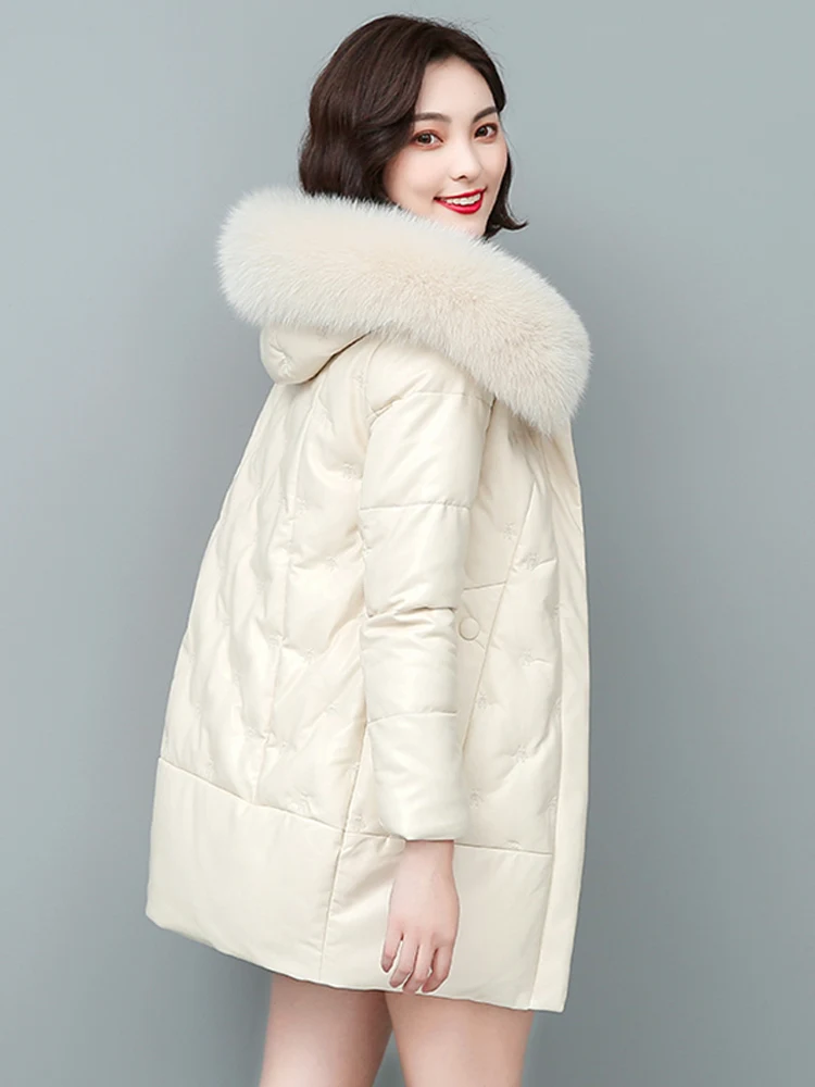   Abrigo de Piel Sintética de Longitud Media para Mujer, Marca Ning, de Cuero Genuino, Nuevo Modelo de Invierno 2025, Estilo Coreano, Holgado