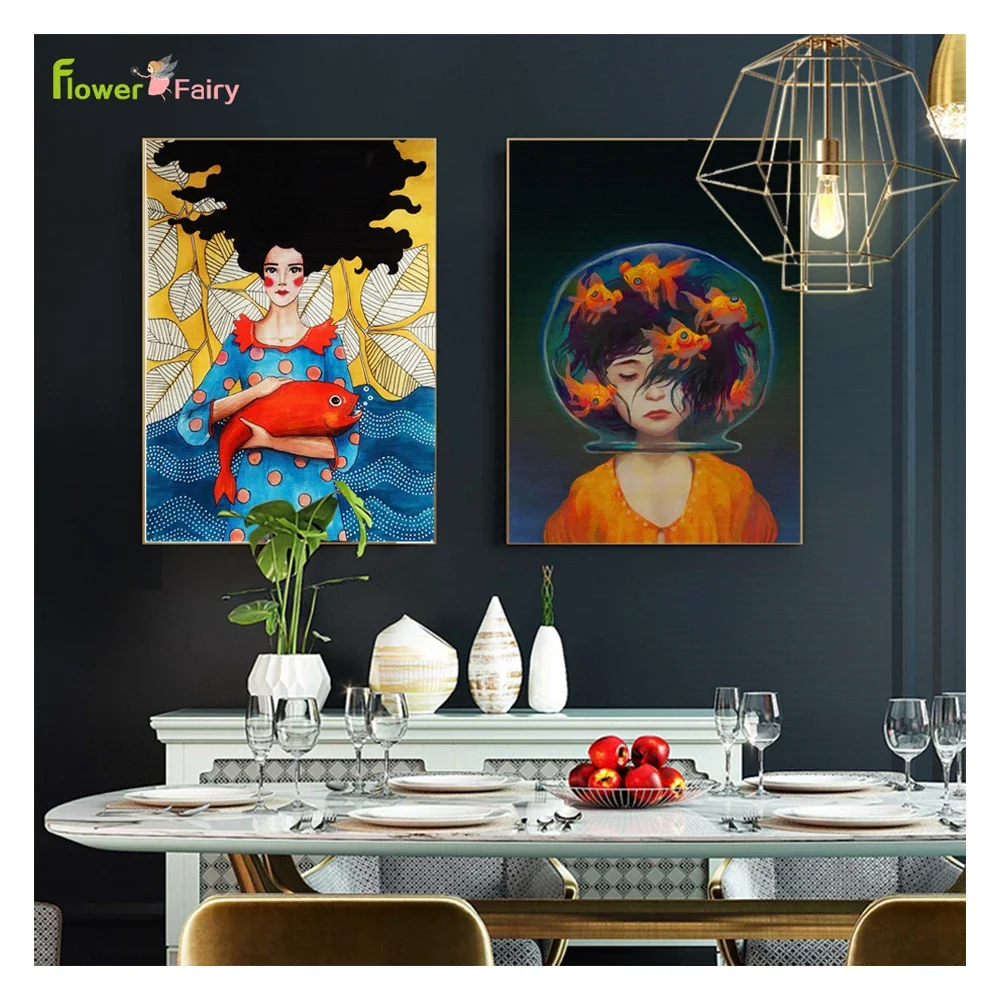 

Abstract Watercolor Fish Girl Wall Art Canvas Painting Art Prints Nordic Poster Modern Wall Pictures For Living Room Unframed