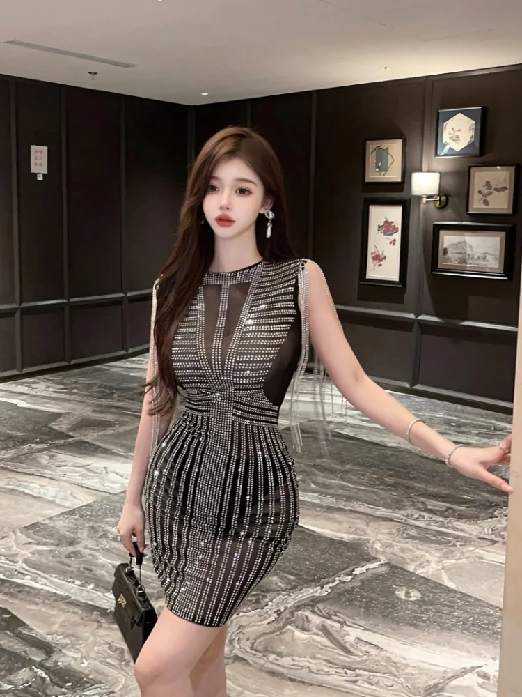 New Fashion Sexy Mesh Rhinestone Sleeveless Tassel Dress Women's Runway Party Dress Vestidos