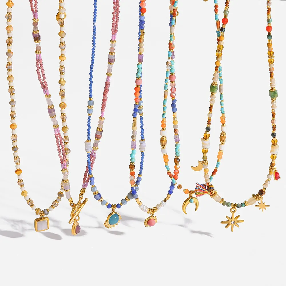 

New Bohemian Style Colored Natural Stone Handmade Bead Necklace, Plated with 18K Gold Stainless Steel Jewelry Accessories