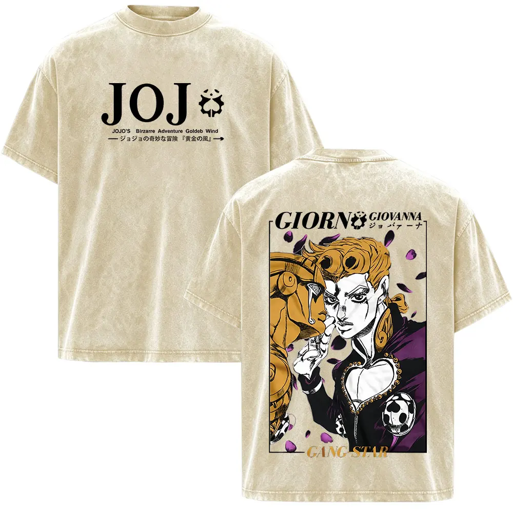 Anime JoJo Bizarre Adventure Giorno Giovanna Vintage Washed T-shirt Men Women Clothing Fashion Retro Short Sleeves T Shirts Tops