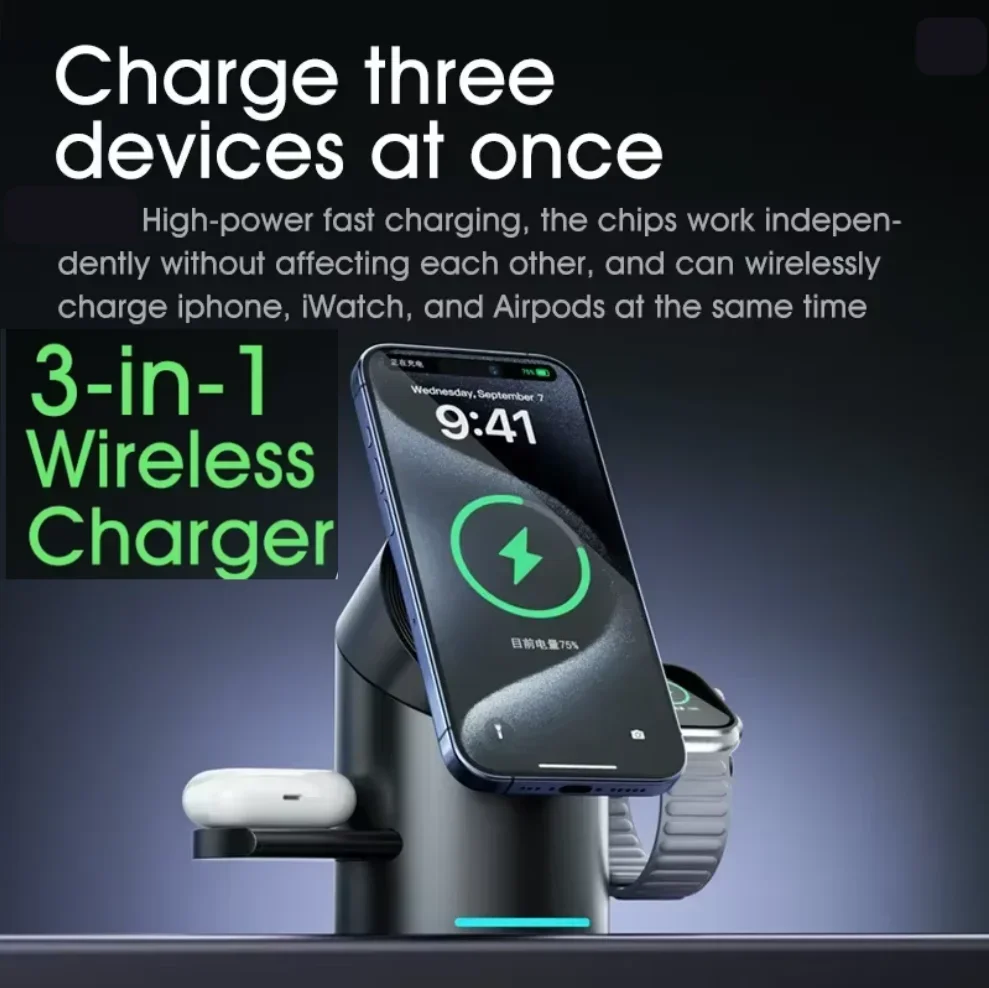 

Беспроводное зарядное устройство 3-в-1 Qi2 с магнитной сенсорной кнопкой и поверхностью из закаленного стекла для iPhone 17, 16, 15, Apple Watch, AirPods, Android (модель 2026 года, обновленная версия)