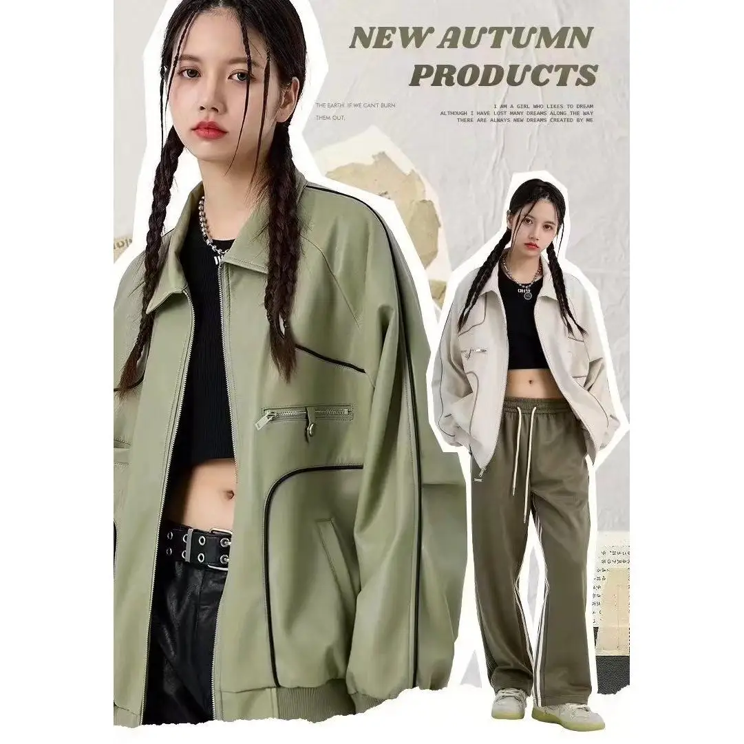 

American Sle Pure Color PU Leather Jaet Men's Loose Fit Versatile Heavyweight Leather Coat for Couples Youth Faion