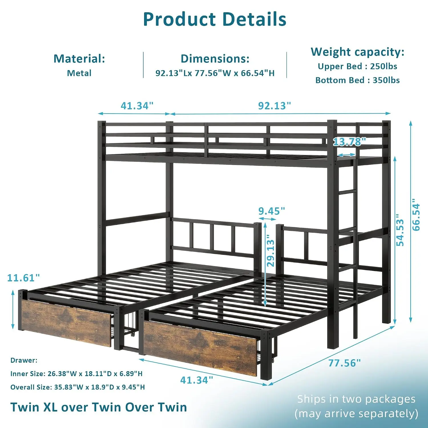 Detachable Triple Metal Bunk Bed With Guardrails, Ladder & Storage, Converts To 3 Separate Twin Beds, Easy Assembly, Customized