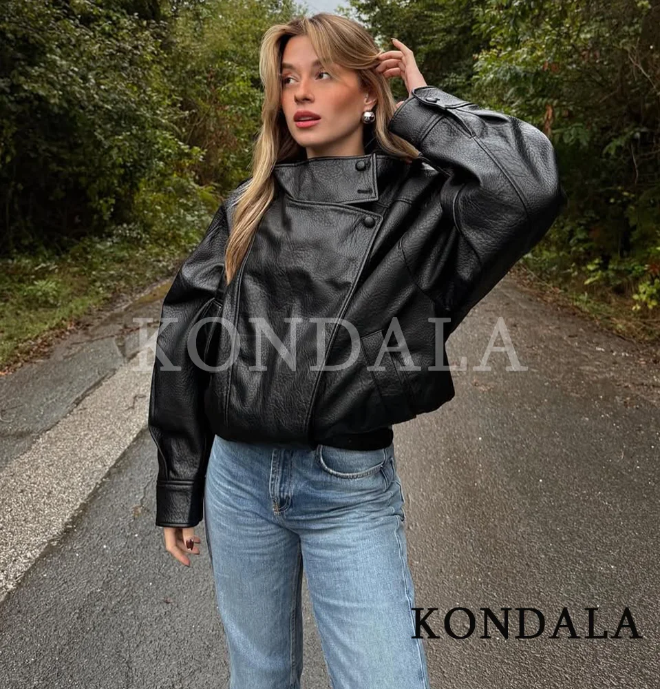 

KONDALA осень-зима кожаная куртка с воротником-стойкой верхняя одежда свободная куртка на молнии пальто 2025 модная повседневная универсальная женская куртка