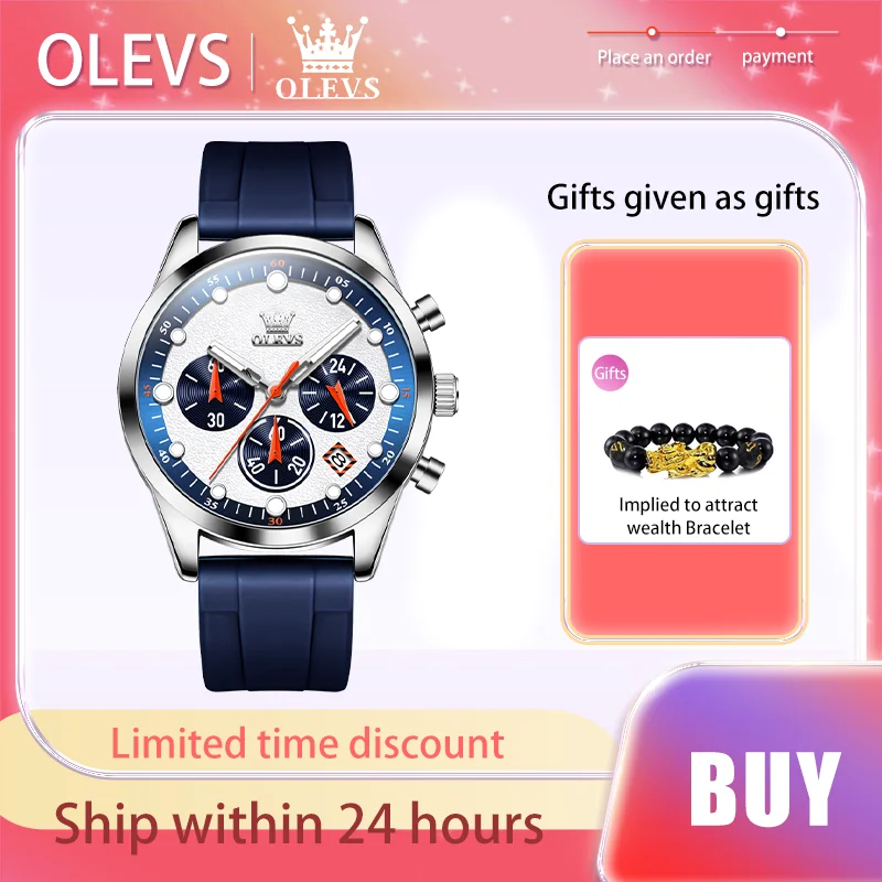 OLEVS Famous Brand Original Men's Watch Luminous Silicon Tape Quartz Watch Chronograph Three eye Dial Trend Sporty Wristwatch