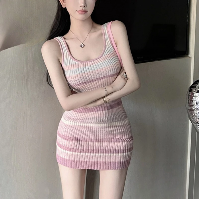 

Korean Fashion Stripe Knitted Square Collar Sexy Women's Dress Summer Buttocks Wrapped Vest Sling Dresses Bodycon Mini Dress