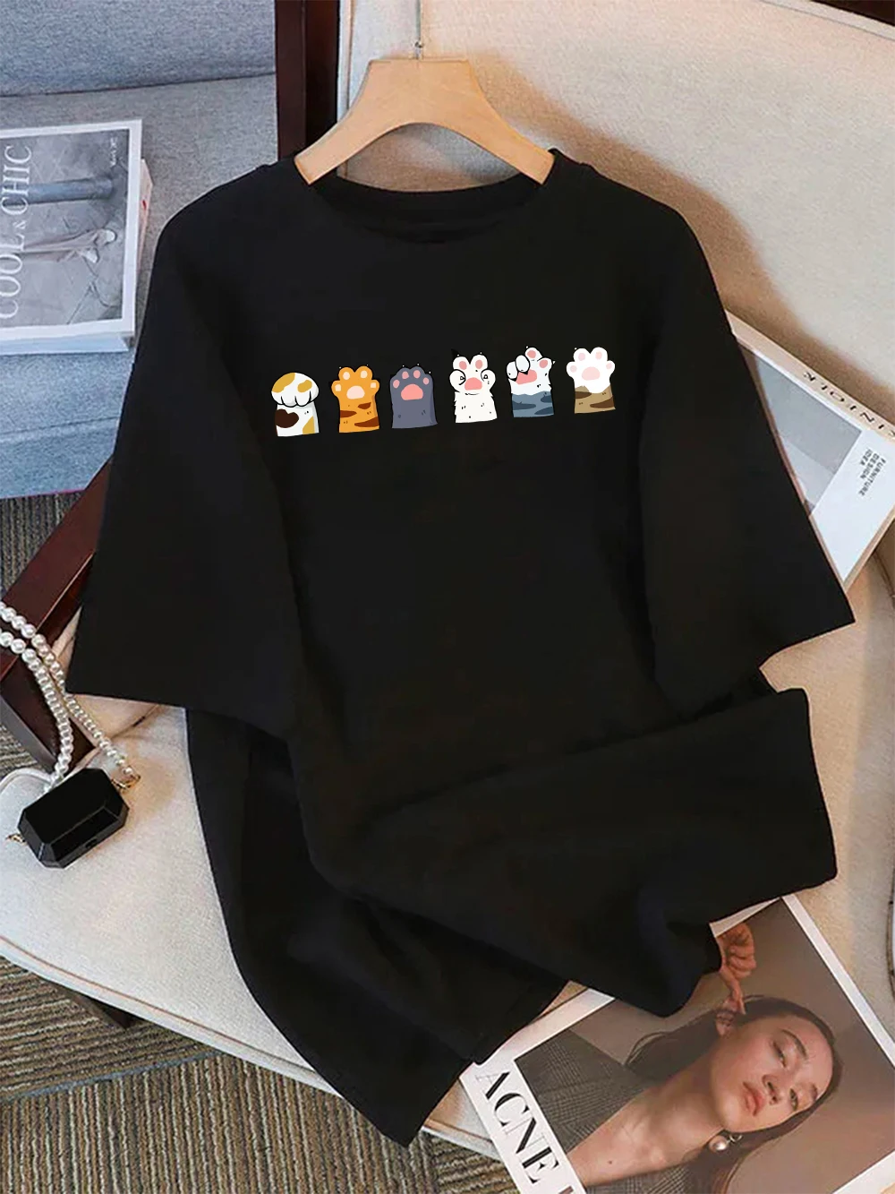 Summer T-Shirts Womens Different Color Cat Paw Combinations Prints Short Sleeve Tees Soft Loose O-Neck Tops Basic Clothes