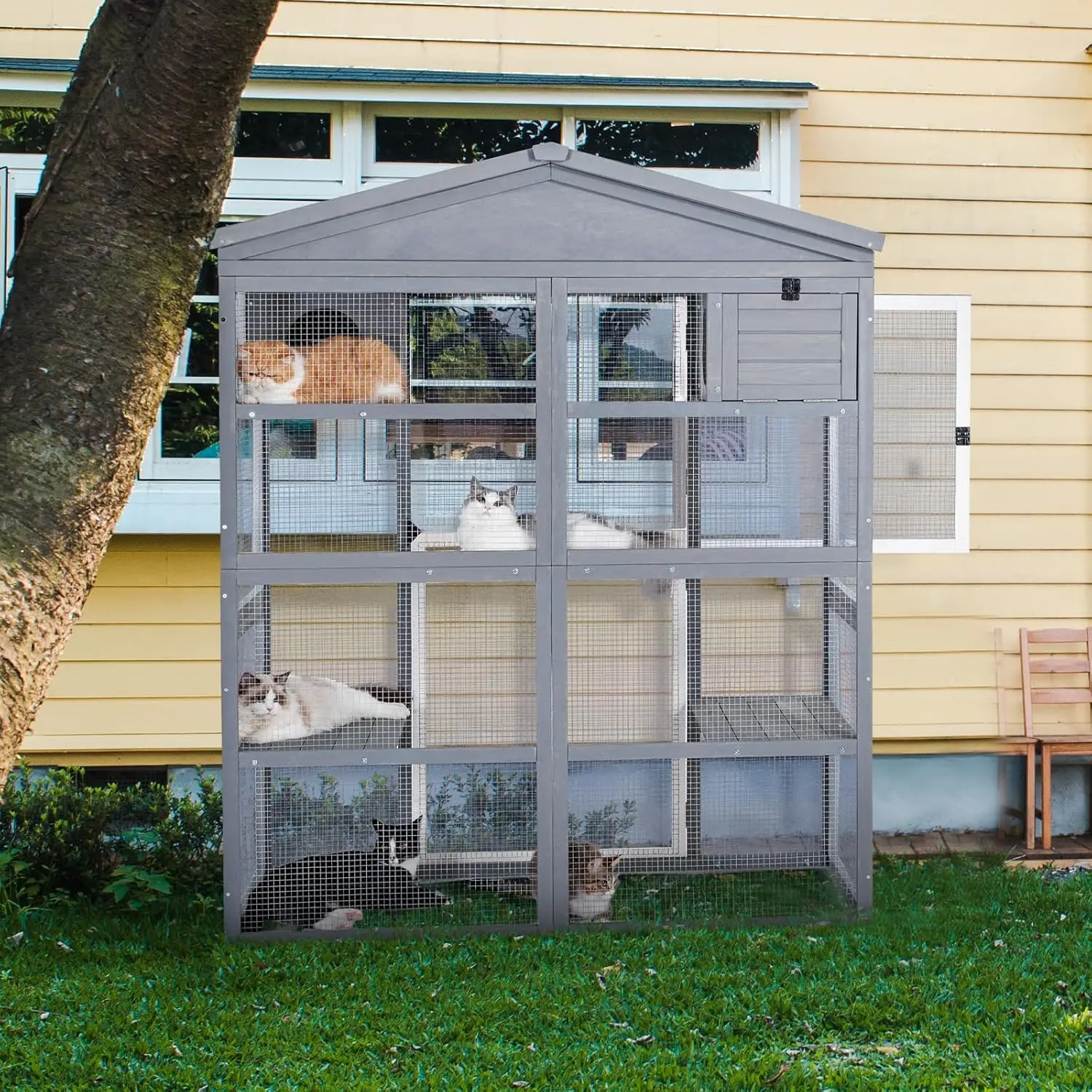 

Корпус для кошек Catio Outdoor, высота 71 дюйм, открытый кошачий домик с большой входной дверью + две входные двери + 3 платформа +2, по индивидуальному заказу