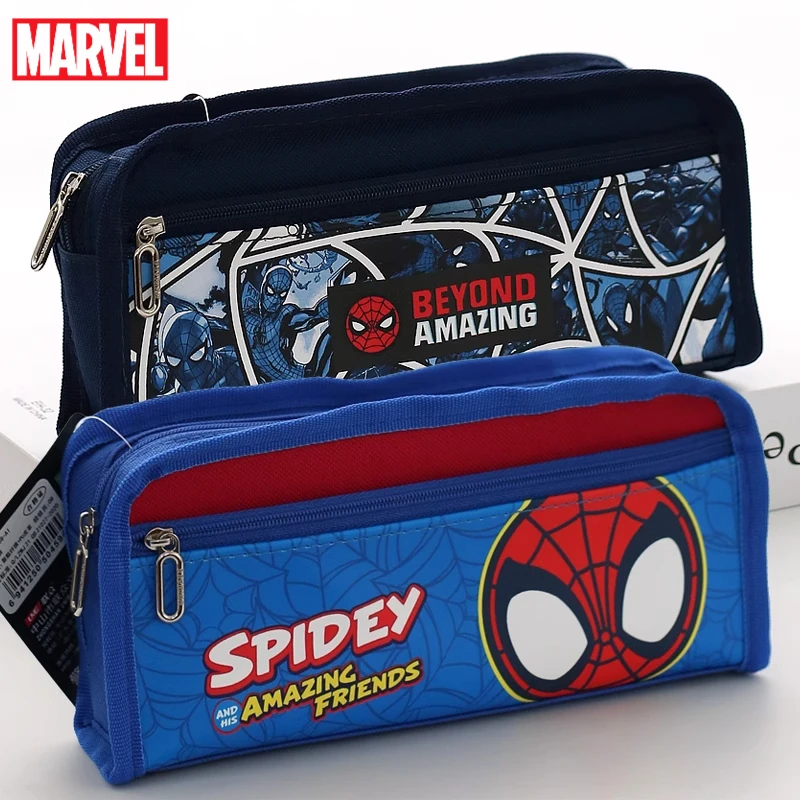 Marvel Cartoon Pencil Bag Spiderman Multifunctional Large Capacity Double Layer Canvas Pencil Bag Student Stationery Box Gift