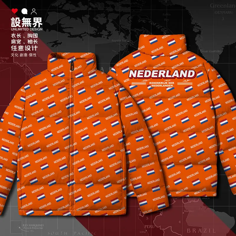 Netherlands Nederland NLD country flag White duck down Jackets jacket printing stand collar Casual mens Man down coat Winter