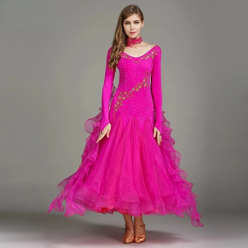 Robe de danse de salon pour femmes modernes, vêtements de danse modernes Standard, manches longues, Costumes de scène de valse incrustés de diamants