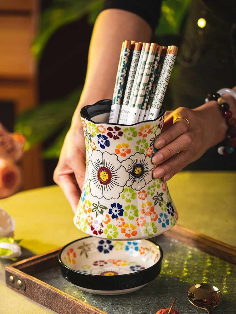 hand-painted-ceramic-kitchen-utensil-storage-box-drainable-spoon-holder-round-shape-one-layer-dishwasher-safe-utensil-caddy