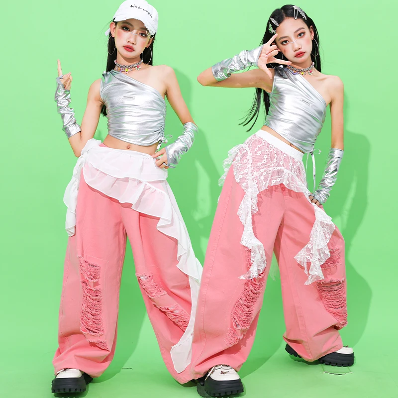 Mädchen Hip Hop Silber Crop Top Rosa Hosen Kinder K-pop Streetwear Kinder Jazz Mädchen Gruppe Kostüm Teen Street Dance kleidung Sets