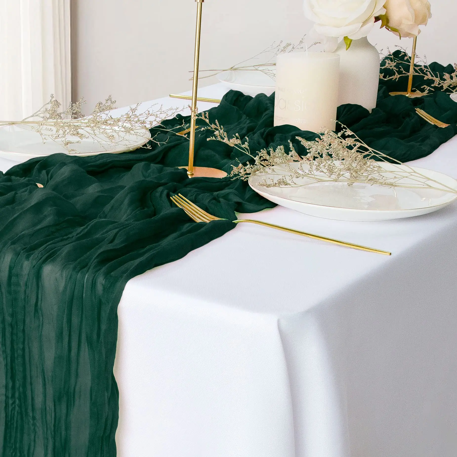 10PCS Semi-Sheer Gauze Christmas Dark green Table Runner Cheesecloth Table Setting Dining Wedding Party Arches Cake Decor