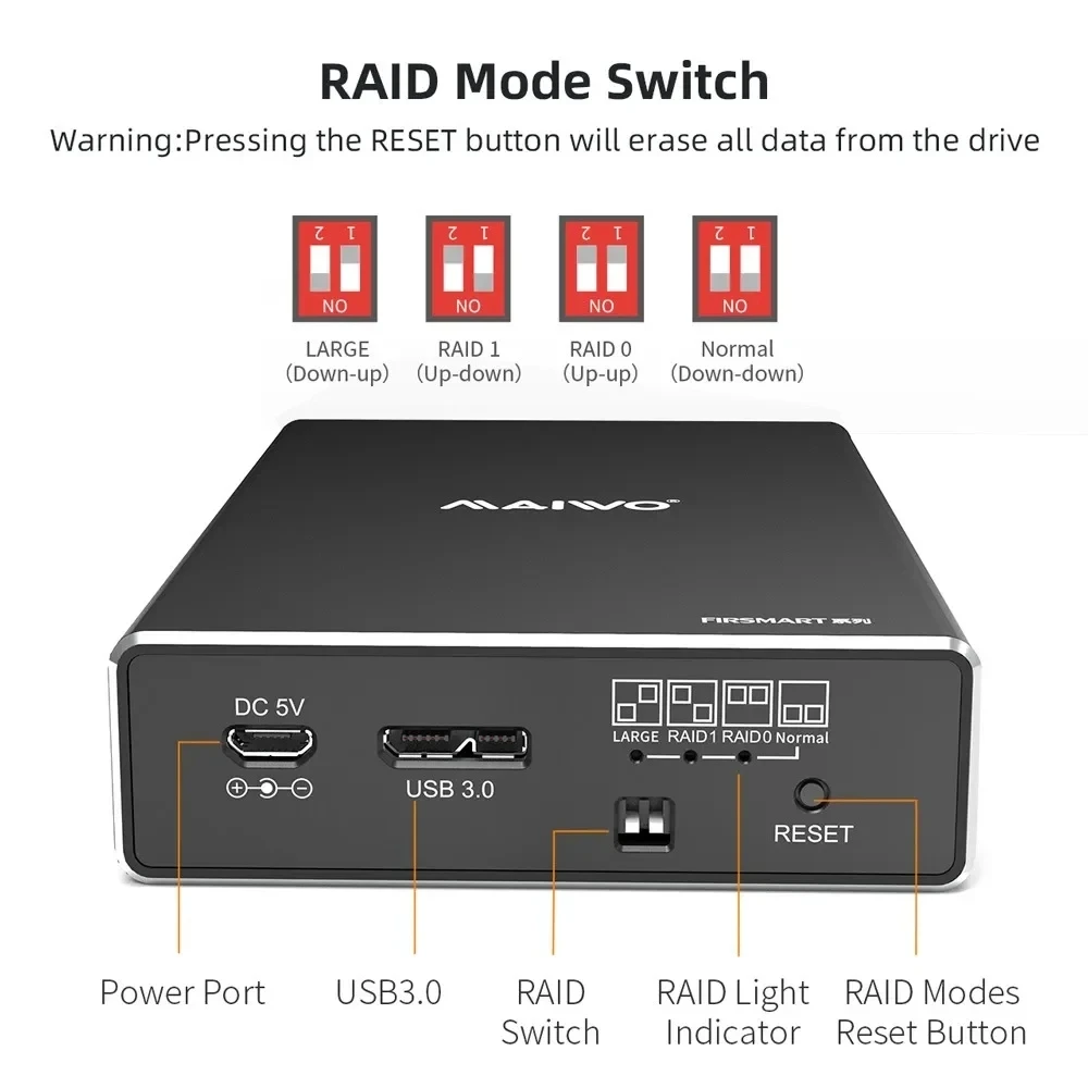 MAIWO 2,5 inch HDD en SSD SATA I/II/III behuizing Dual Bay externe harde schijfbehuizing Aluminium USB 3.0 5Gbps met RAID-functie