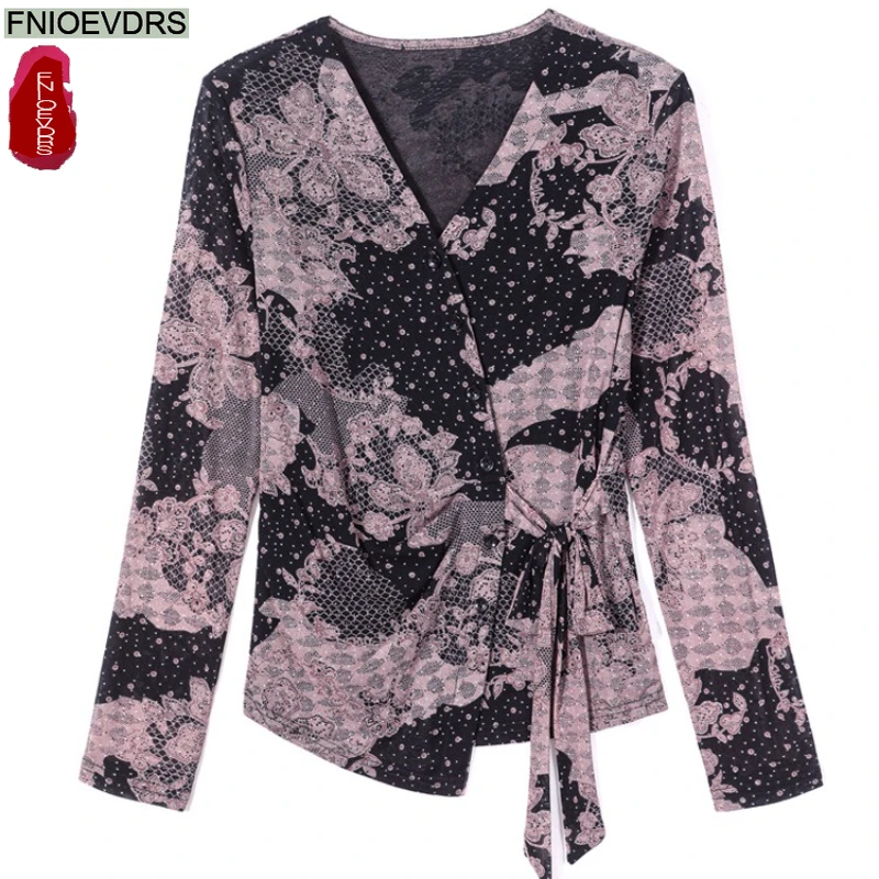 السنة الجديدة عيد الميلاد بقماش شفاف ربطة القوس فيونكة القمم البلوزات الدانتيل متابعة الأزهار طباعة ريترو خمر قمة أنيقة مكتب سيدة أساسيات القمصان #2