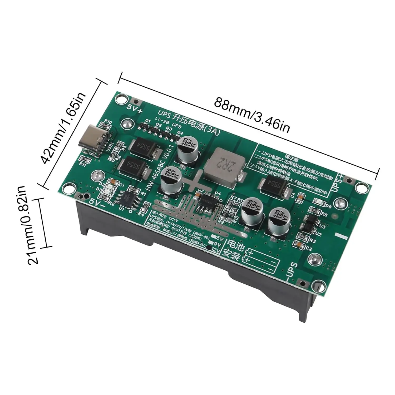 Type-C 15W 3A Fast Charge UPS Power Supply / 18650 Lithium Battery Charger Module DC-DC Step Up Booster Converter 5V 9V 12V