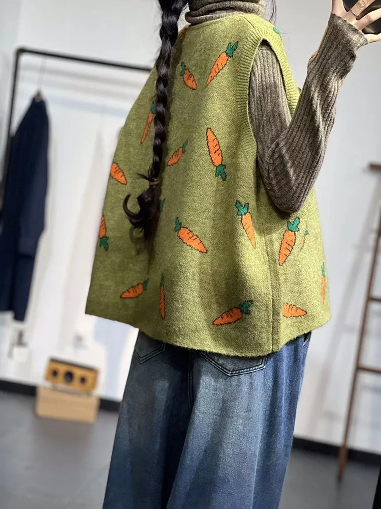 Oversized Autumn Knitted Vest Coat Women Carrot Print Sleeveless Ladies Cropped Vests Fashion Casual Loose Woman Coat 2023