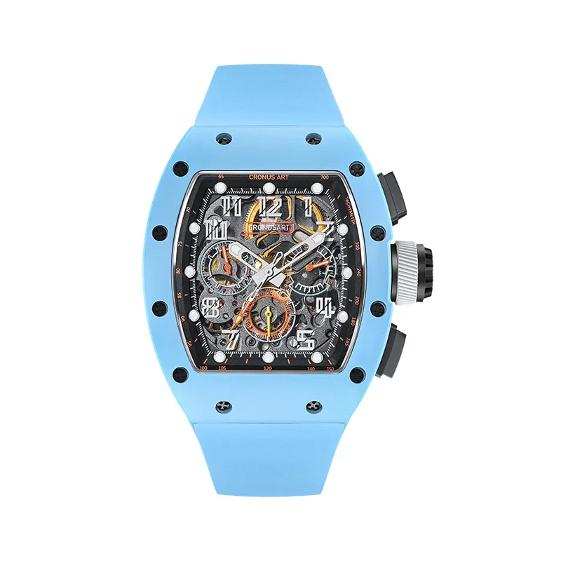 CRONUSART ساعة أوتوماتيكية للرجال 50 مللي متر كرونوغراف تونيو ساعة يد ميكانيكية رياضية حافظة من الفولاذ الكربوني حزام مطاط مضيء